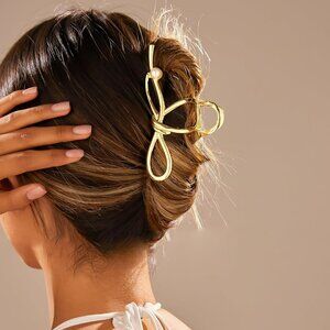 Womens Bow Twist w Pearl Hair Clip Claw Clips Non Slip Jaw Clips Elegant
